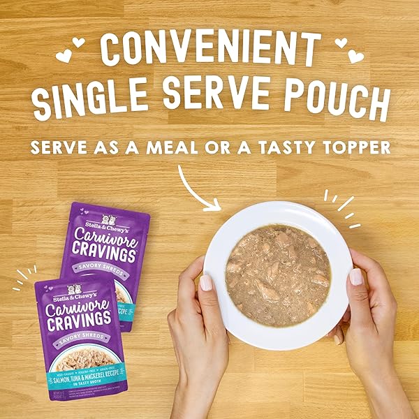 STELLA & CHEWY’S CARNIVORE CRAVINGS WET CAT FOOD – PREMIUM POUCHES – GRAIN FREE, HIGH PROTEIN SALMON, TUNA & MACKEREL – PERFECT FOR PICKY EATERS – COMPLETE MEAL OR TOPPER (2.8 OZ, 12 PACK)