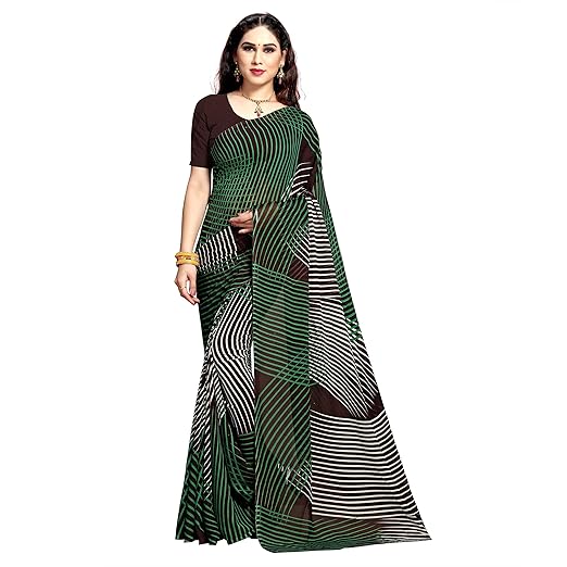 Anand Sarees Georgette Stripes Printed Saree with Blouse Piece for Women