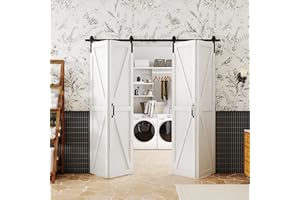 Lakenyon 72" (Double 36") x 84" Bifold Barn Door, K-Frame with 2 x 3.3 FT Sliding Hardware Kit, Solid Wood & MDF White Door Panel, Waterproof PVC Surface, Pre-Assembled Door, Easy Installation