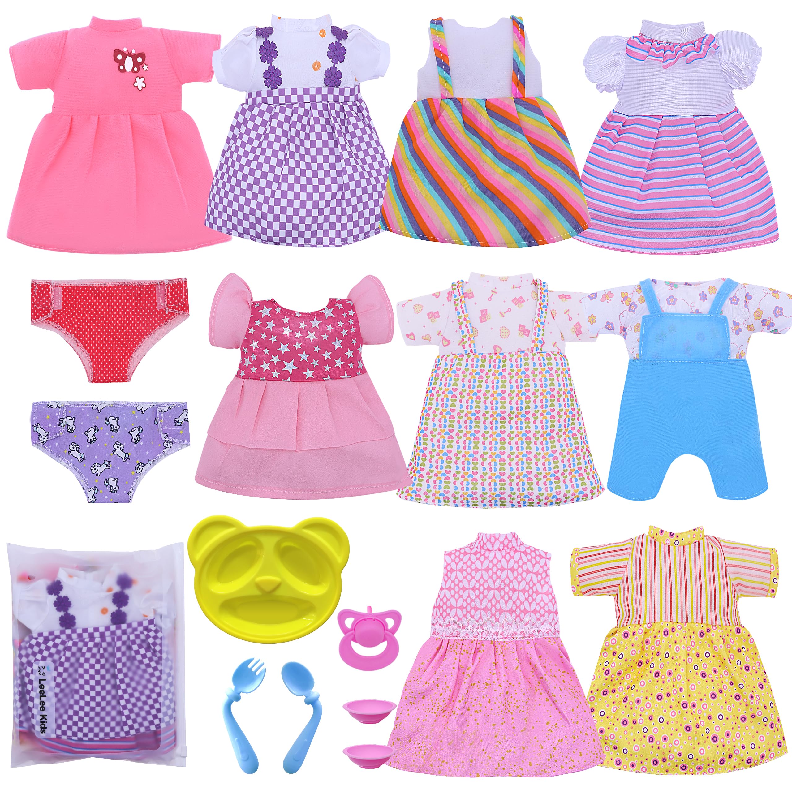 Photo 1 of 13-15 Inch Baby Doll Clothes 18-Pack - Care Set for Girl Doll Clothes | 9 Washable Outfits with Diapers, Feeding Bottle & Tableware | Pretend Play Learning Kit