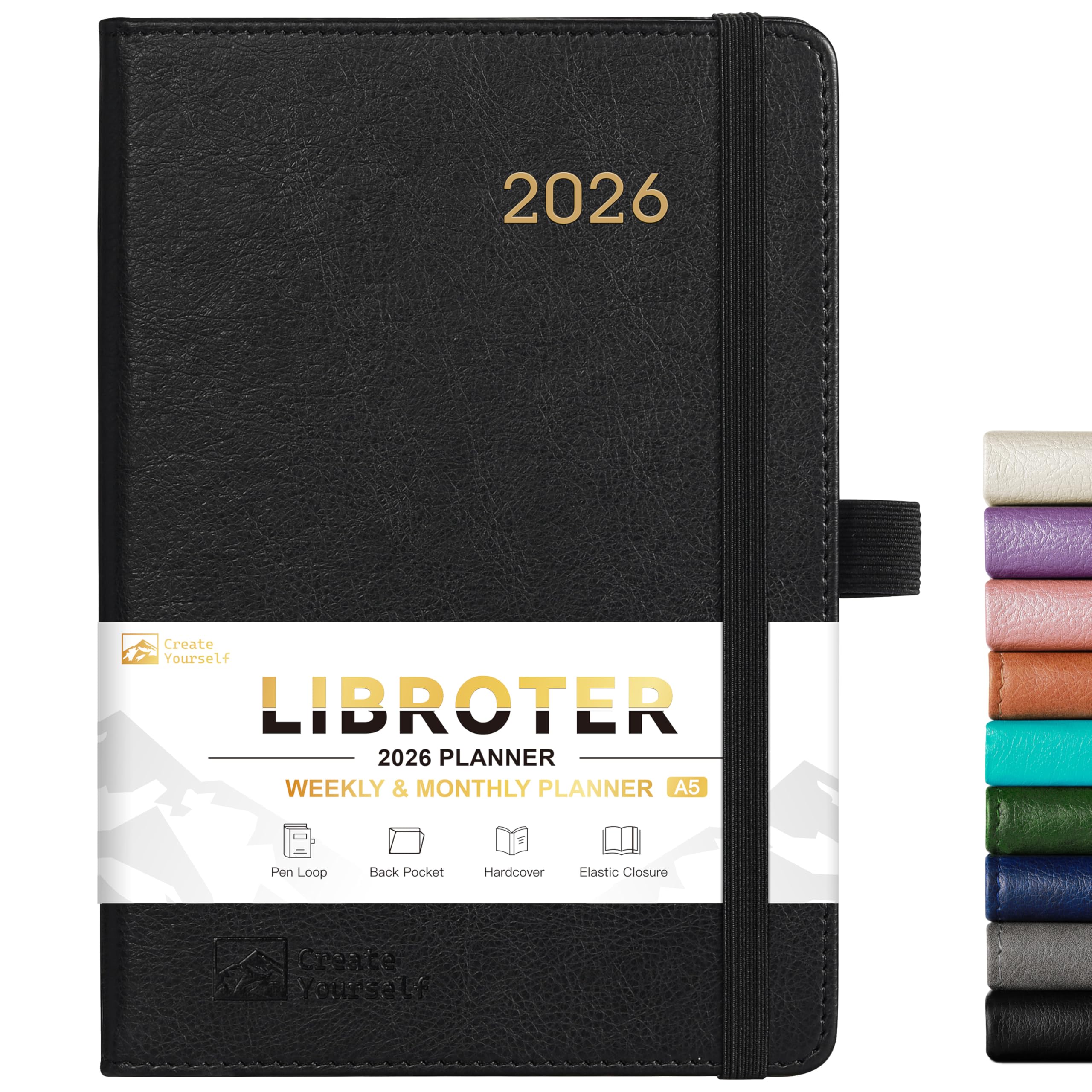 Photo 1 of 2026 Planner - Planner 2026, 2026 Weekly Monthly Planner, Jan.2026 - Dec.2026, 5.7'' x 8.4'', Thick Paper, Leather Cover, Pen Holder, Back Pocket, Bookmarks, Perfect Daily Organizer - Black
