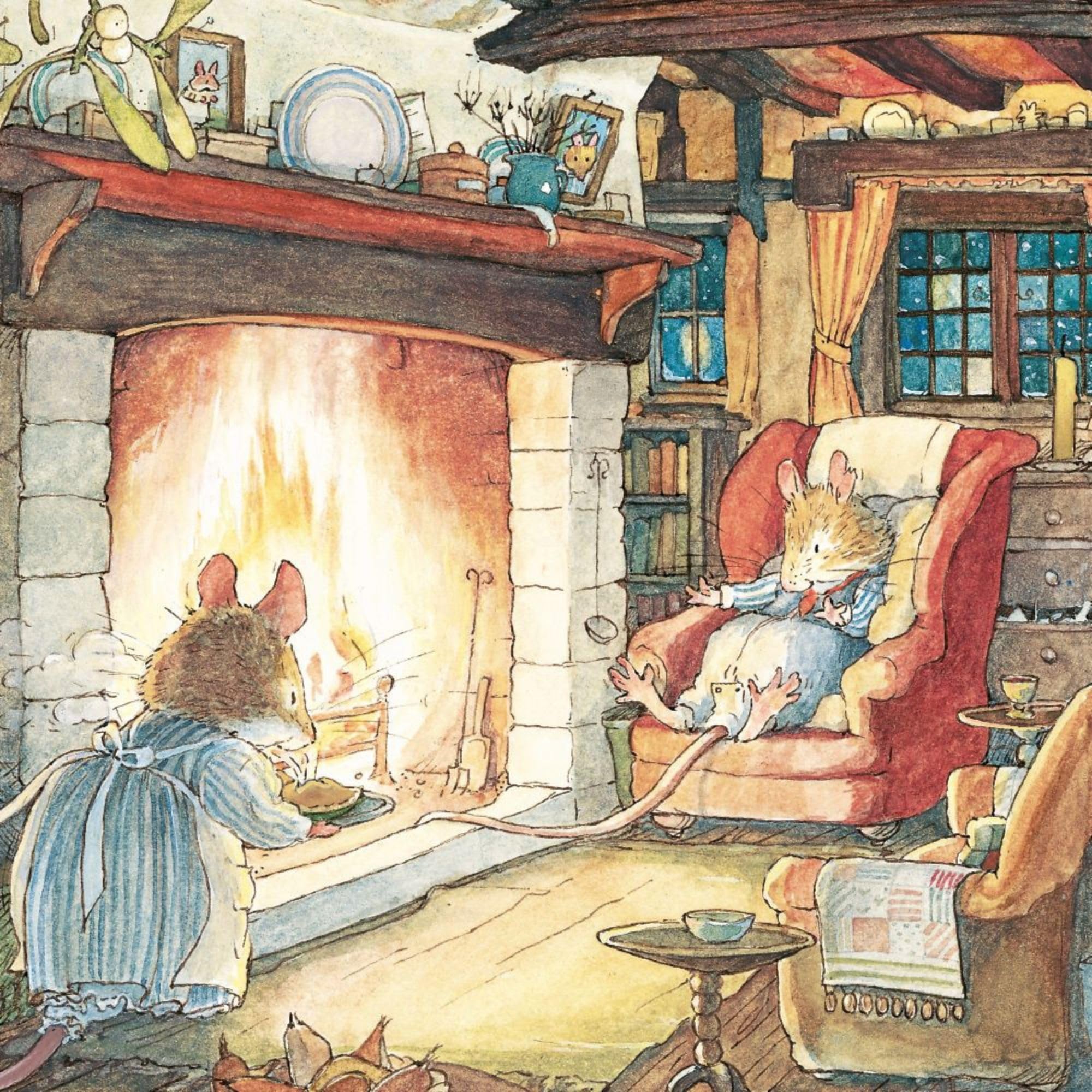 Museums & Galleries Christmas Card Pack of 8 - Brambly Hedge 'Keeping Warm by the Fire' Mice Design - Christmas Cards Multipack