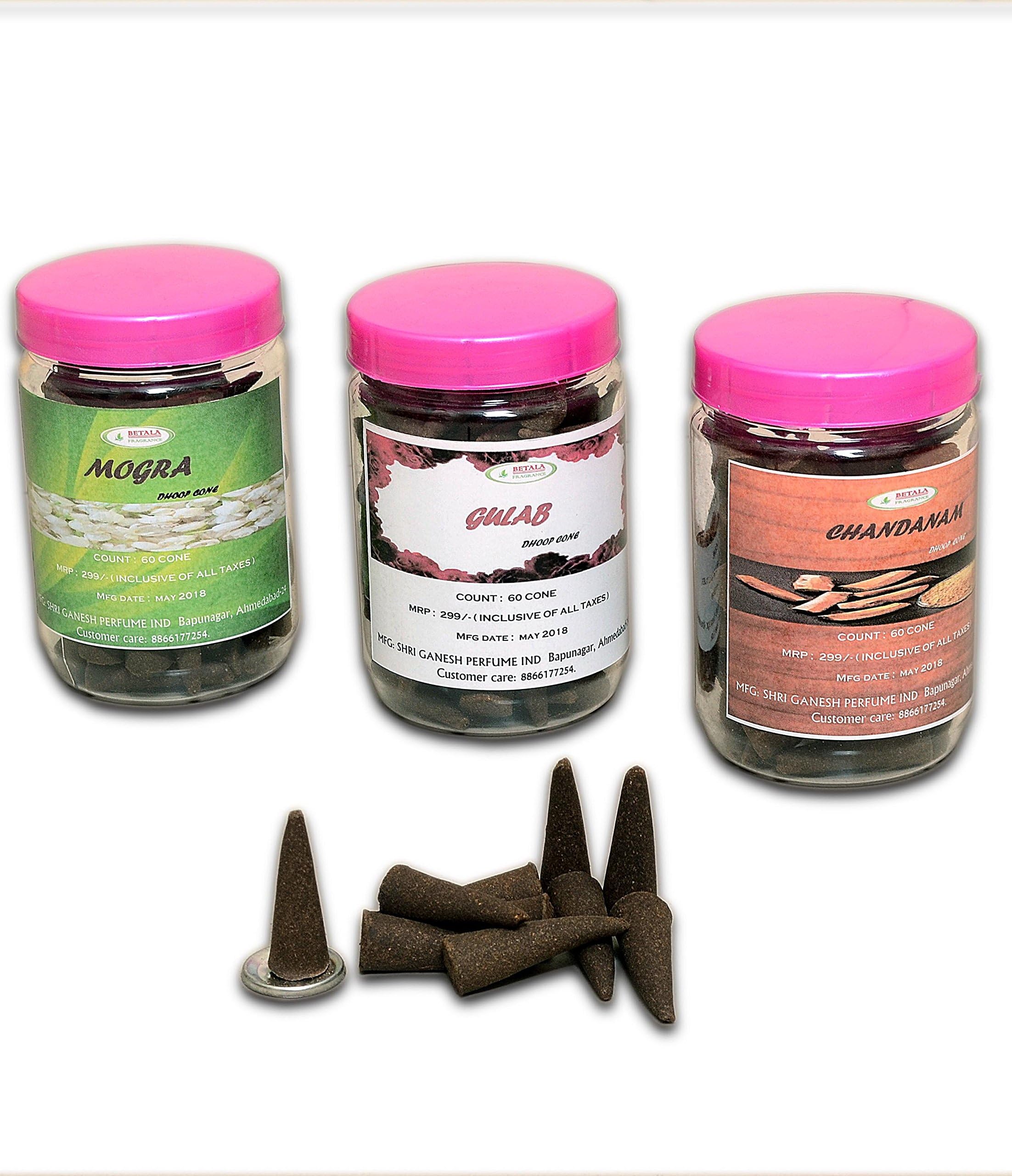 BETALA MARKETING Fragrance Gulab Chandan and Mogra Dhoop Cones with Stand Holder in Storage Box (60 Dry Cone X 3 Pack)