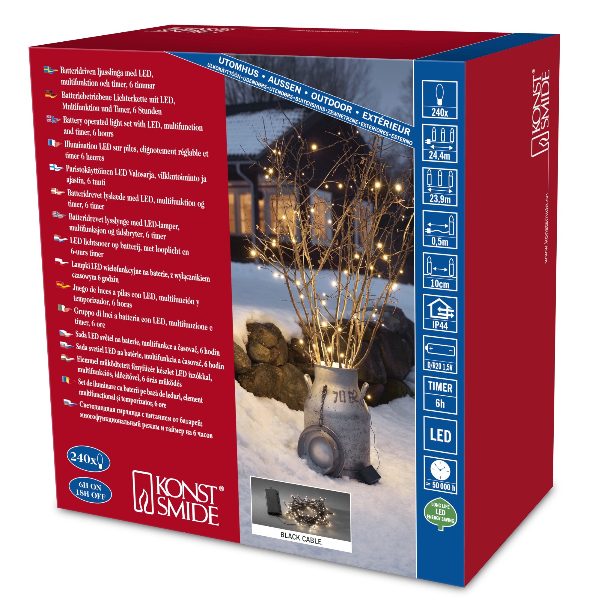 Konstsmide Christmas Lights/LED 240 Diodes Warm White Outdoor Battery Operated Fairy Lights/Outdoor or Indoor Use (IP44) / 6H Timer/Multi Function and Memory/Black Cable String Lights, 3733-100