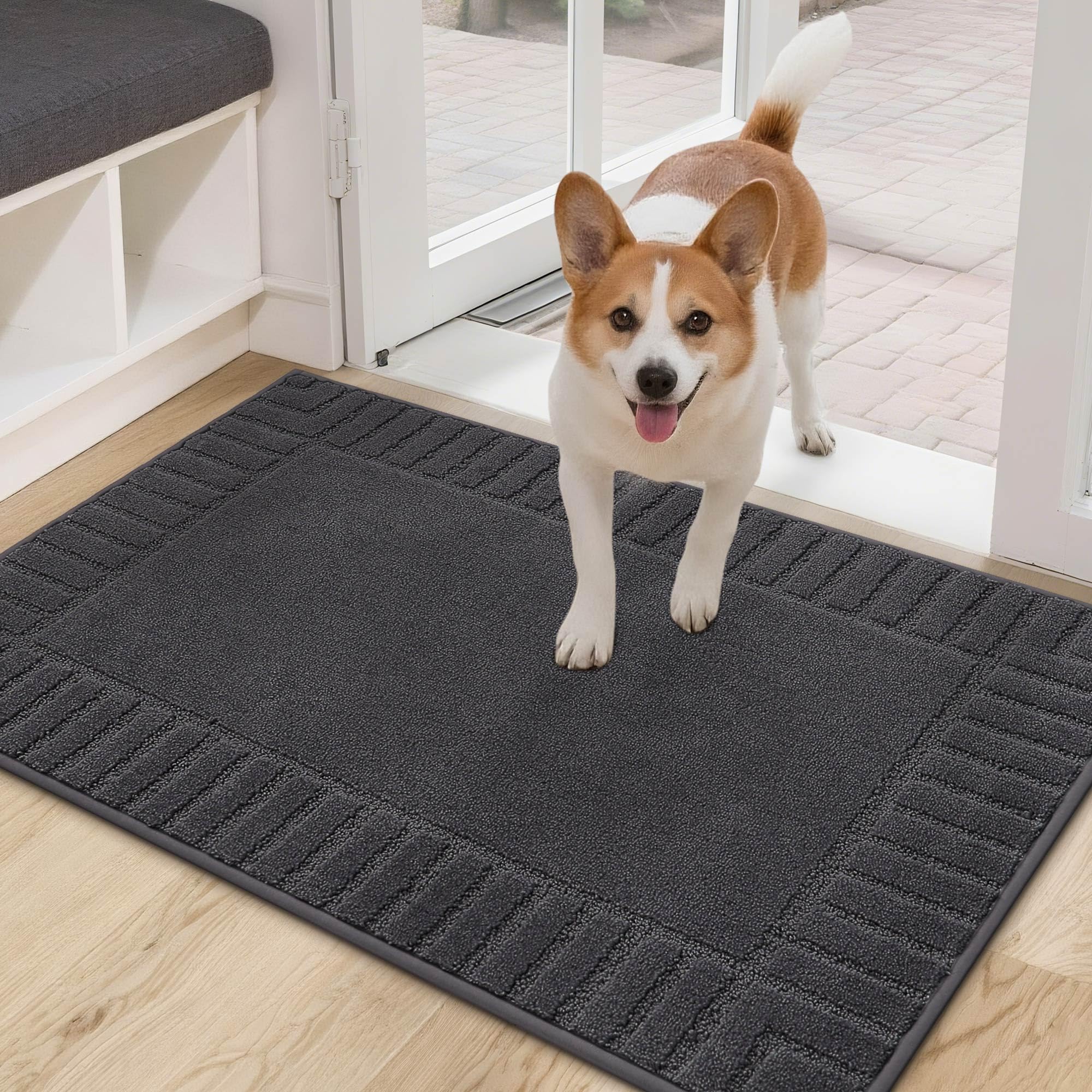 BEQHAUSE Door Mat for Indoor & Outdoor,Dirt Trapper Barrier Mat Super Absorbent Machine Washable Front Doormats Rug with Non-Slip TPR Backing (Dark Grey, 60x90cm)