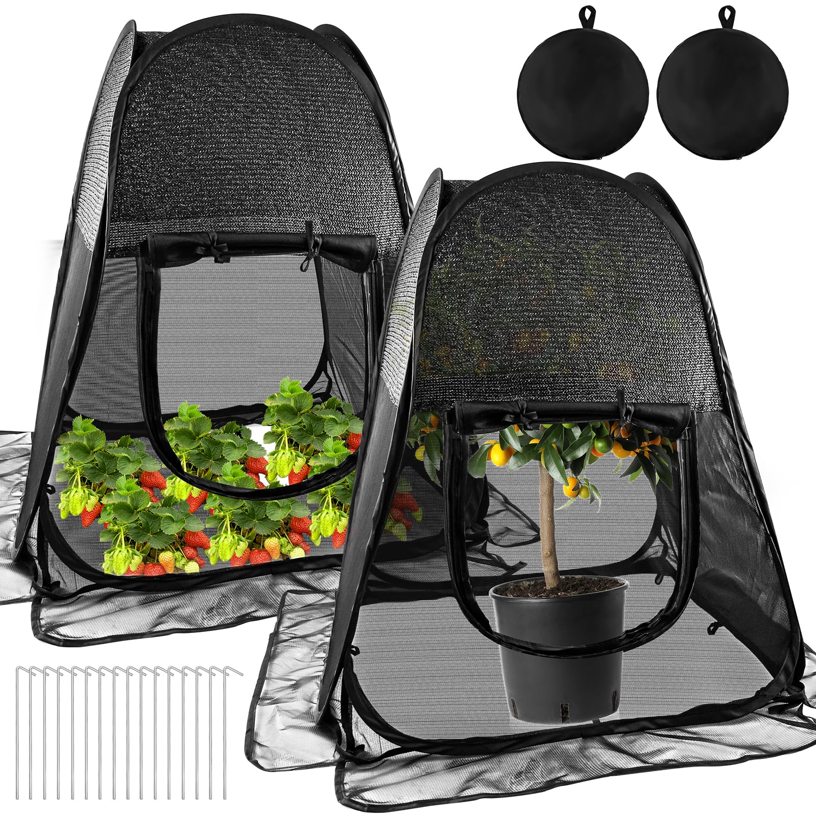 View 1 of 2pack Pop up Plant Shade Tent, Plant Shades for Outdoor Plants Mesh Plant Cover with 8 Stakes Pop up Sunblock Shade with Zipper Door Pest Guard Cover Protect Outdoor Plants from Animals(28x28x32in)