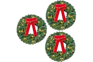 Joiedomi 19" Christmas Pre-Lit Wreath with LED Lights with Ribbon, 3 Pcs Wreaths for Front Door, Windows, Living Room, and Indoor Outdoor Christmas Decorations Window Door Wreath, Battery Operated