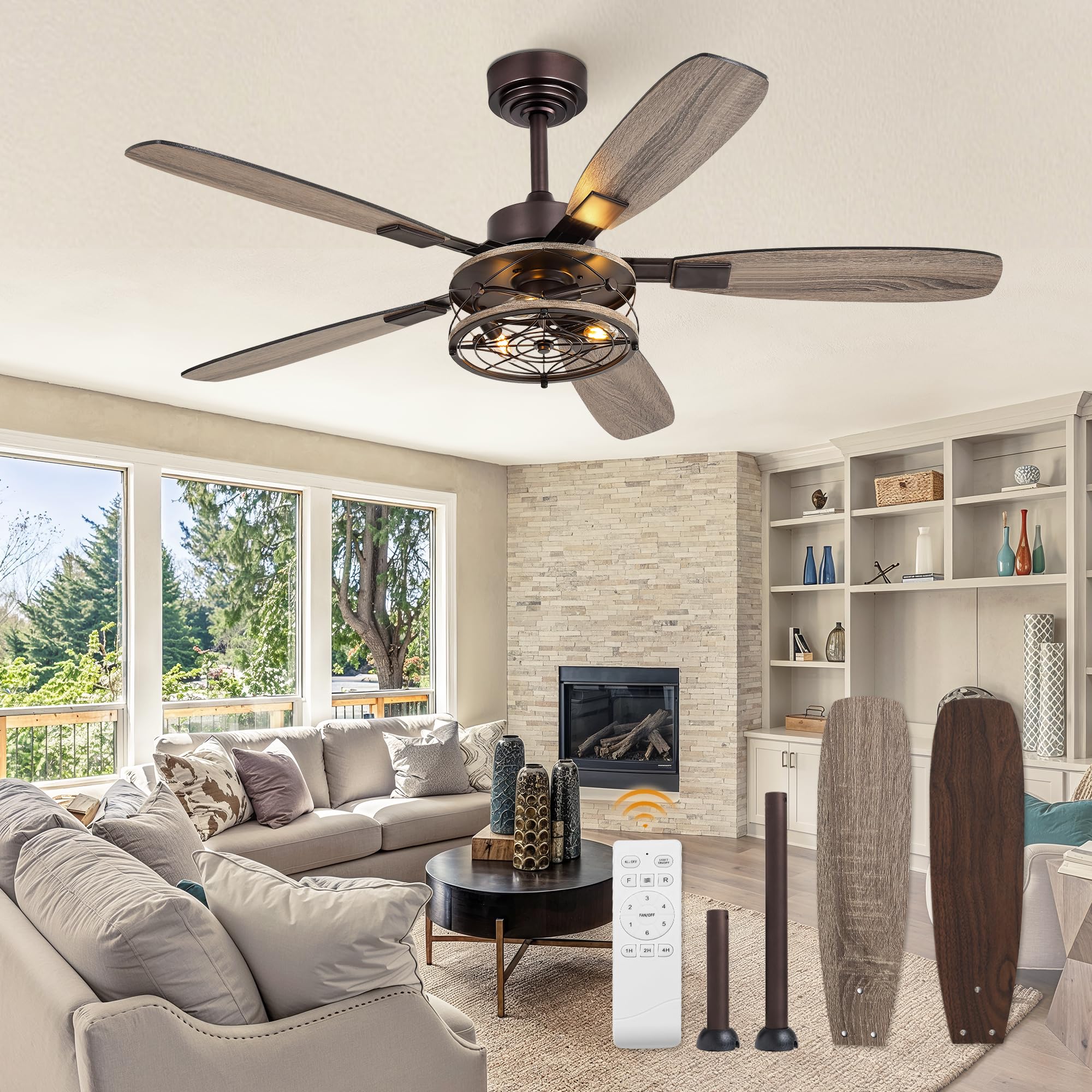 Photo 1 of 52 Inch Farmhouse Ceiling Fan with Light and Remote, Oil Bronze Industrial Flush Mount Ceiling Fans with 6 Speed Reversible Motor and Dual Finish 5 Blades, Rustic Ceiling Fan for Living Room, Bedroom