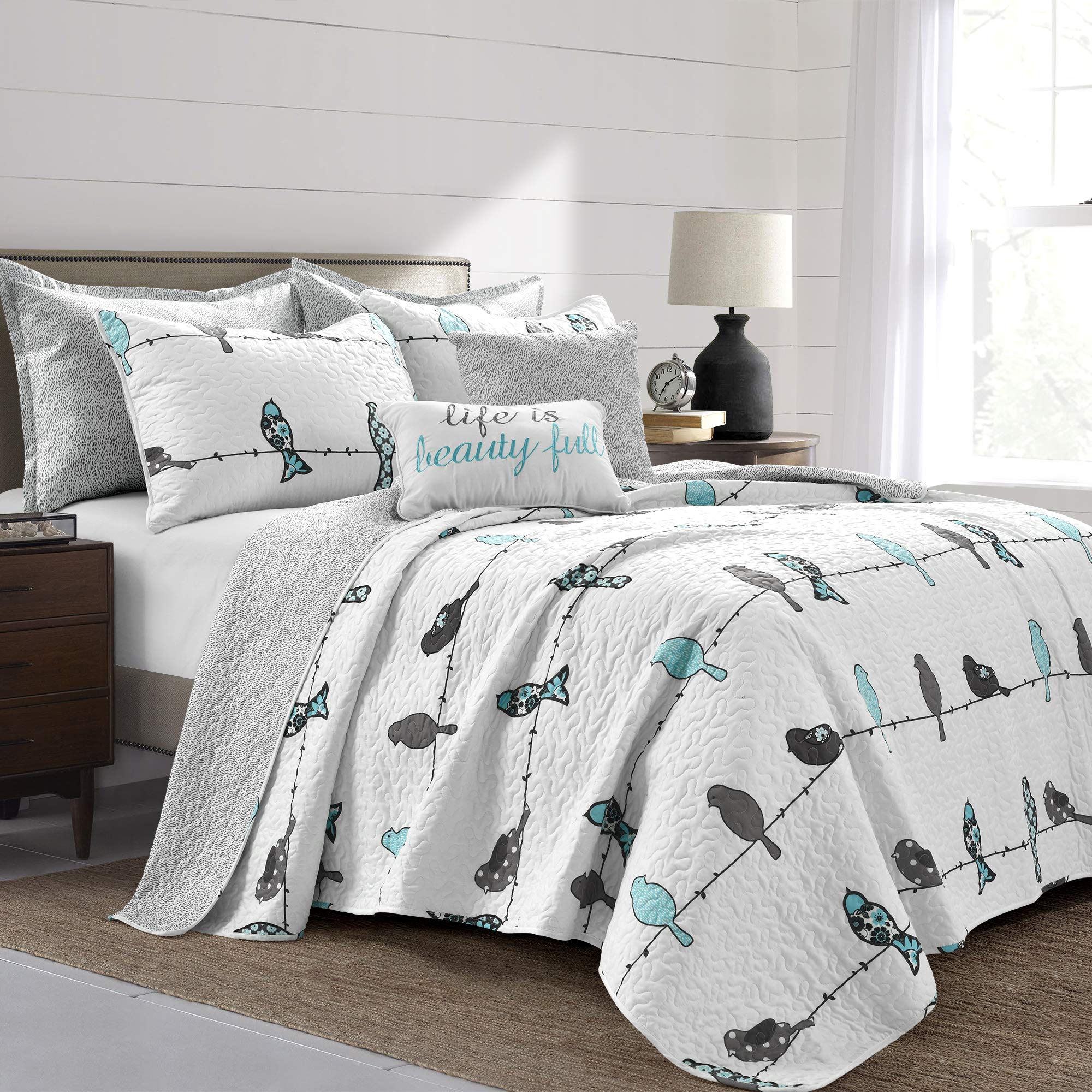 Lush Decor Rowley Birds Quilt Set, 7 Piece Set, King, Blue & Gray - Reversible Bird Bedding Set With Pillow Cases & Throw Pillows - Colorful, Whimsical, & Playful Floral Bird Print Image