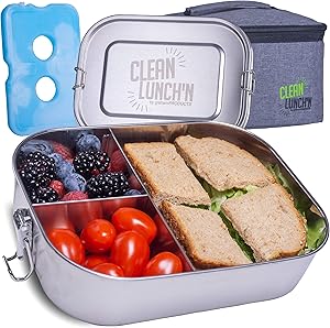 Clean Lunch'N Large Metal Bento Box Combo - Leak-Proof Lid & Dishwasher Safe Three (3) Section Stainless Steel Lunch Box, Insulated Lunch Bag & Ice Pack Included, BPA Free Food Storage