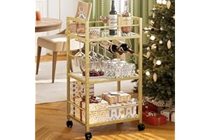 Homedawn Bar Cart, Serving Cart for Home, Microwave Cart, Drink Cart, Mobile Kitchen Shelf with Wine Rack and Glass Holder, Rolling Beverage Cart for Dining Room, Gold