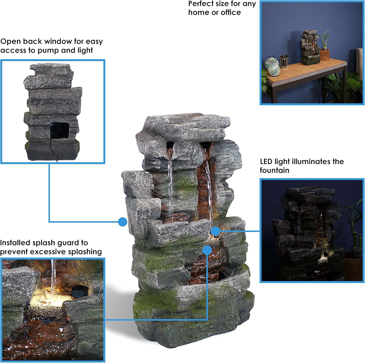 Sunnydaze 14-Inch Towering Cave Waterfall Indoor Tabletop Water Fountain with LED Light - Small Interior Water Feature for Home and Office - Mini Decorative Fountain: Kitchen & Dining