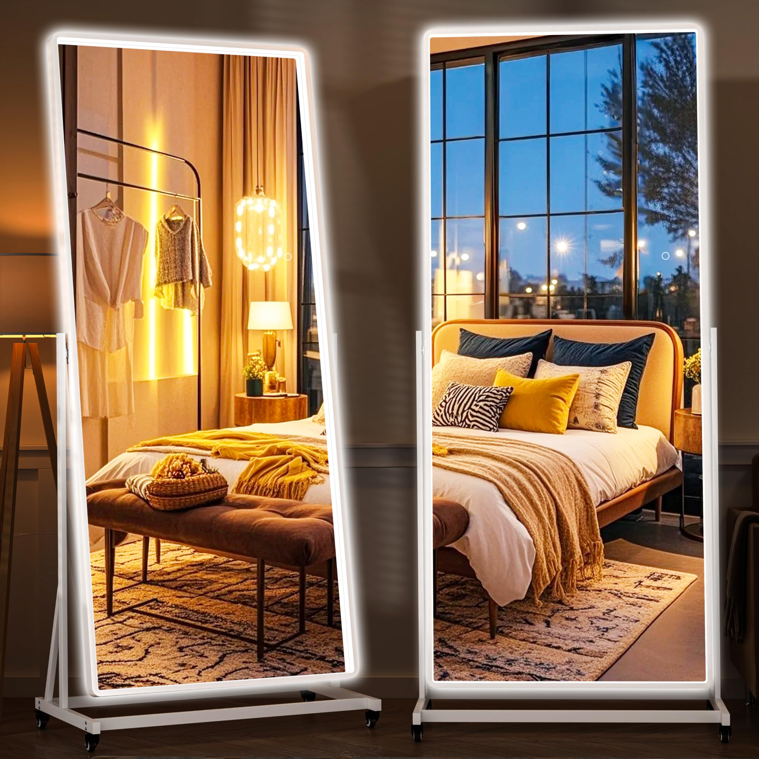 Photo 1 of Full-body Rolling Mirror with LED Lights and Wheels, 77" x 26" Home Gym Mirrors with 360° Rotation, Dimmable & 3 Color Lighting Cloakroom, Tempered Glass & Metal Frame, Use for Bedroom, Dance Studio