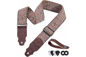 YIKOKO Guitar Strap, Head Layer Cowhide Leather End, 2 Inches Wide, for Acoustic and Bass Electric Guitars, Free Button, 2 Strap Locks and 4 Guitar Picks