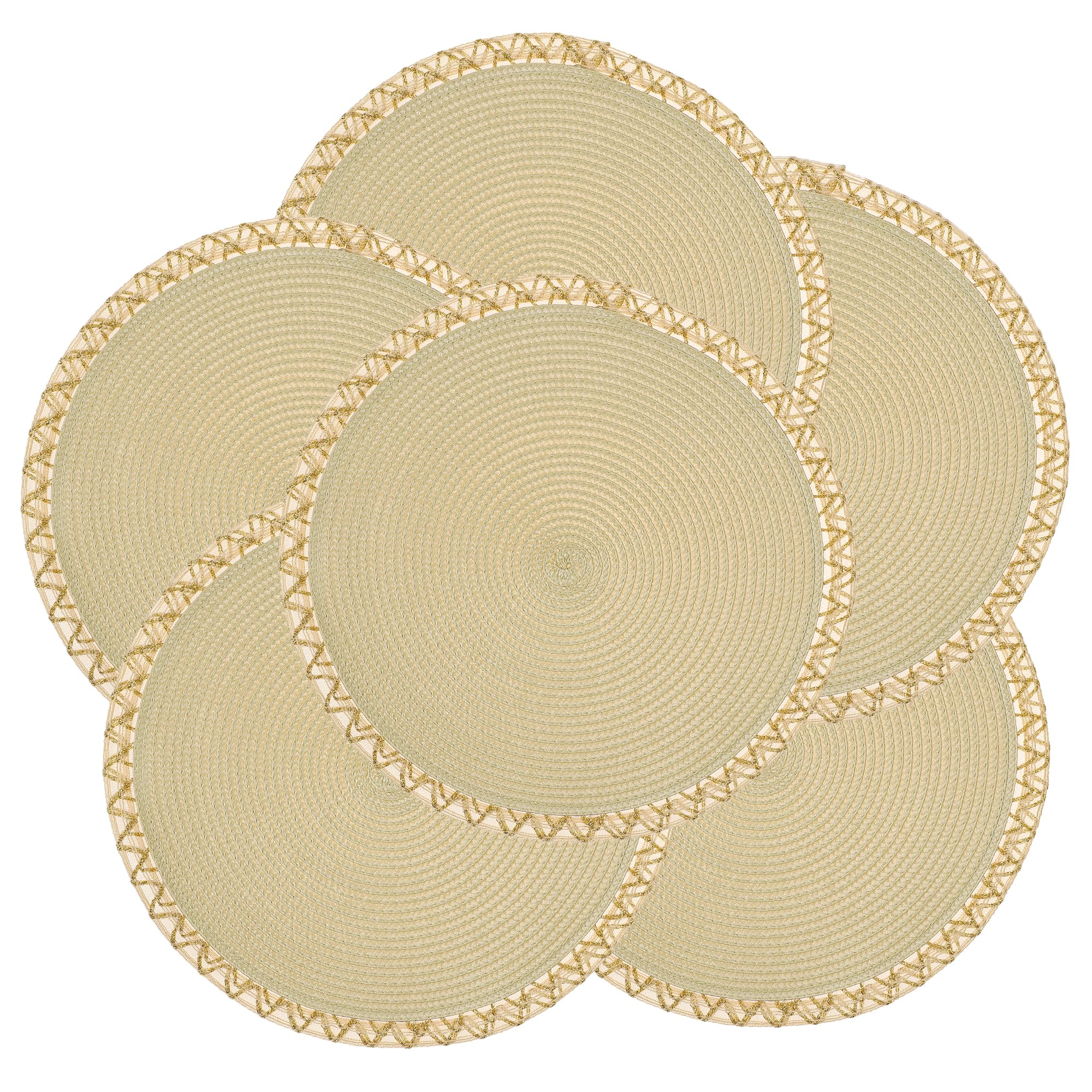 fanquare Round Placemats Set of 6 Beige Braided Place Mats with Gold Lace Border Durable Heat Resistant Non-Slip Table Mats for Dining Decoration 34cm