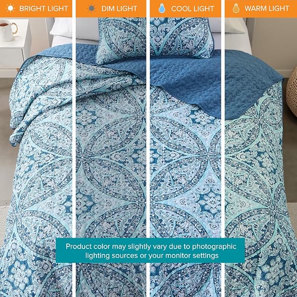 COMFORT SPACES REVERSIBLE QUILT SET-VERMICELLI STITCHING DESIGN ALL SEASON, LIGHTWEIGHT, COVERLET BEDSPREAD BEDDING, MATCHING SHAMS, TWIN/TWIN XL (66 IN X 90 IN), GLORIA DAMASK AQUA 2 PIECE