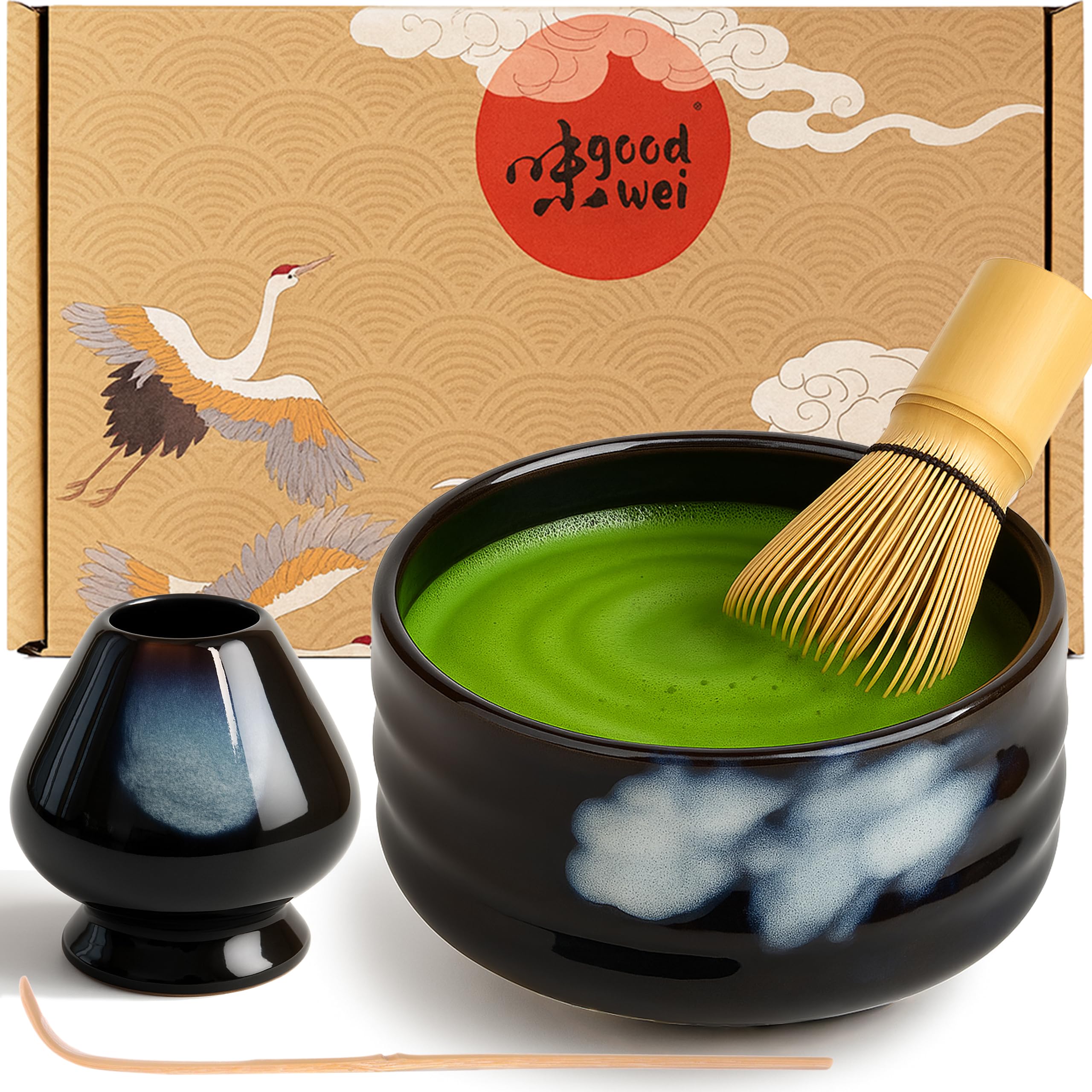 Goodwei Premium Matcha Tea Set - Ceremonial Bowl Chawan, Whisk and Holder + Gift Box (Burashi, 80)