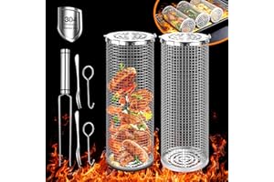 WRAKUS Rolling Grilling Baskets Outdoor Accessories Stainless Steel Cylinder Tubes Vegetable Cage Veggie Grill Bbq Basket Nets Veggies Barbecue Round Net Cylinders Barbeque Kabob Fish Meat Gear Gift （2pcs）