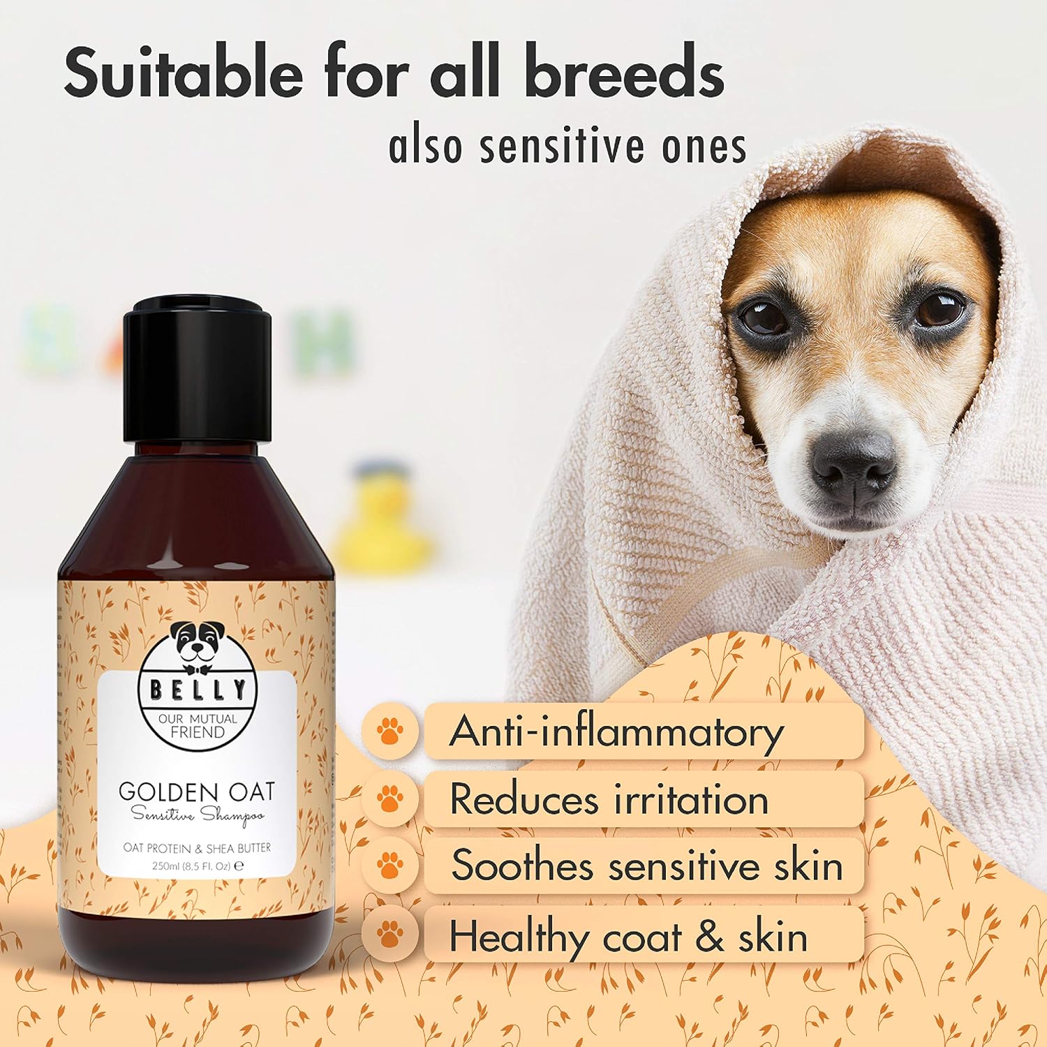Belly Golden Oat & Shea Butter Sensitive Skin Dog Shampoo, 250ml, Hydrating and Natural Cleansing - Image 5