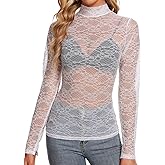 Lidogirl Women Lace Tops Long Sleeve Zipper Closure Floral Mesh Top Mock Neck Sheer Blouse S-2XL