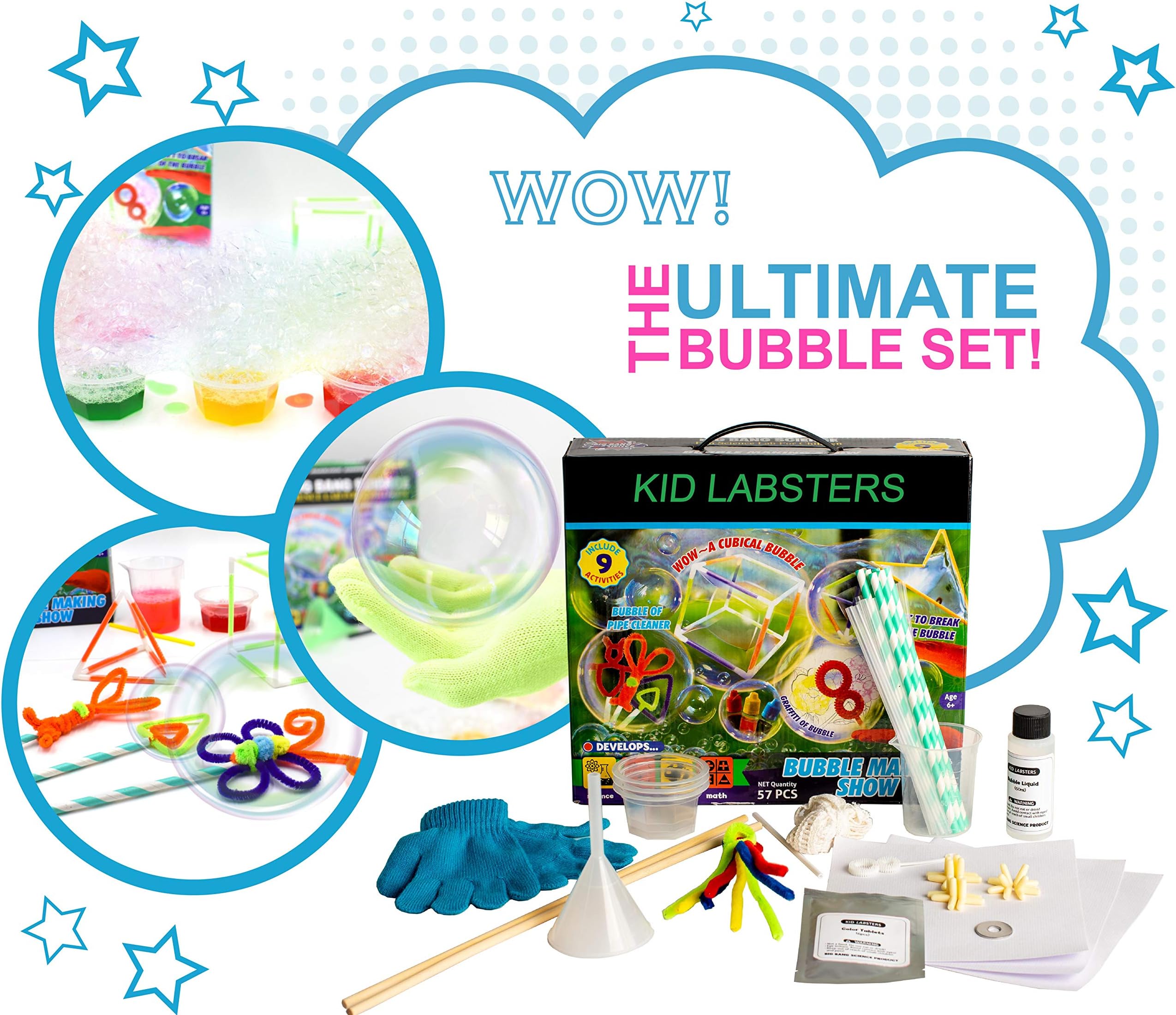 Kid Labsters Bubble Making Science 11-Piece Kit - DIY Non Toxic Solution Experiment w/ Wands & Colorful Bubbles - Own Blowing Formula Making Project for Kids