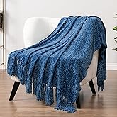 PAVILIA Blue Chenille Throw Blanket for Couch Sofa, Soft Knit Throw with Tassel, Decorative Blanket for Bed Chair Living Room, Blue 50x60