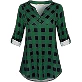 Miusey Womens Buffalo Plaid Roll Sleeve V Neck Flowy Loose Tunic Blouse