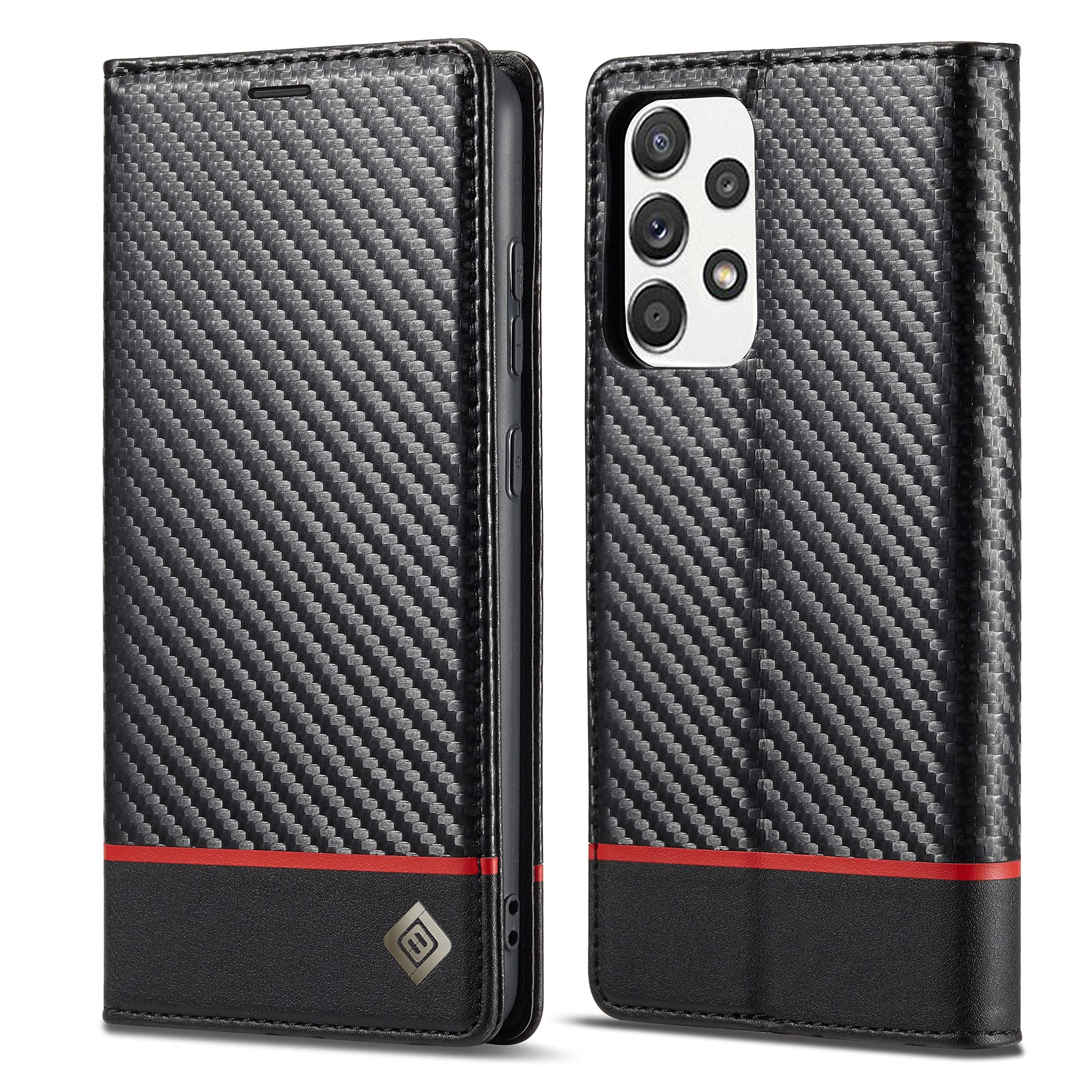 ZTOFERA Compatible with Samsung Galaxy A52 4G/5G & A52s 5G Wallet Case, Premium PU Leather Carbon Fiber Flip Case with Card Holder Magnetic Closure Protective Phone Cover, Horizontal Red Line