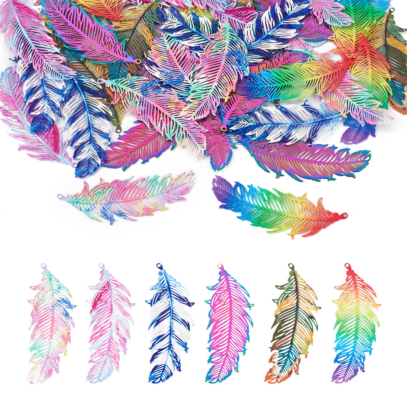 Pandahall 48Pcs Stainless Steel Feather Charms Filigree Pendants Etched Metal Embellishments for DIY Bracelet Necklace Earring Jewelry Making