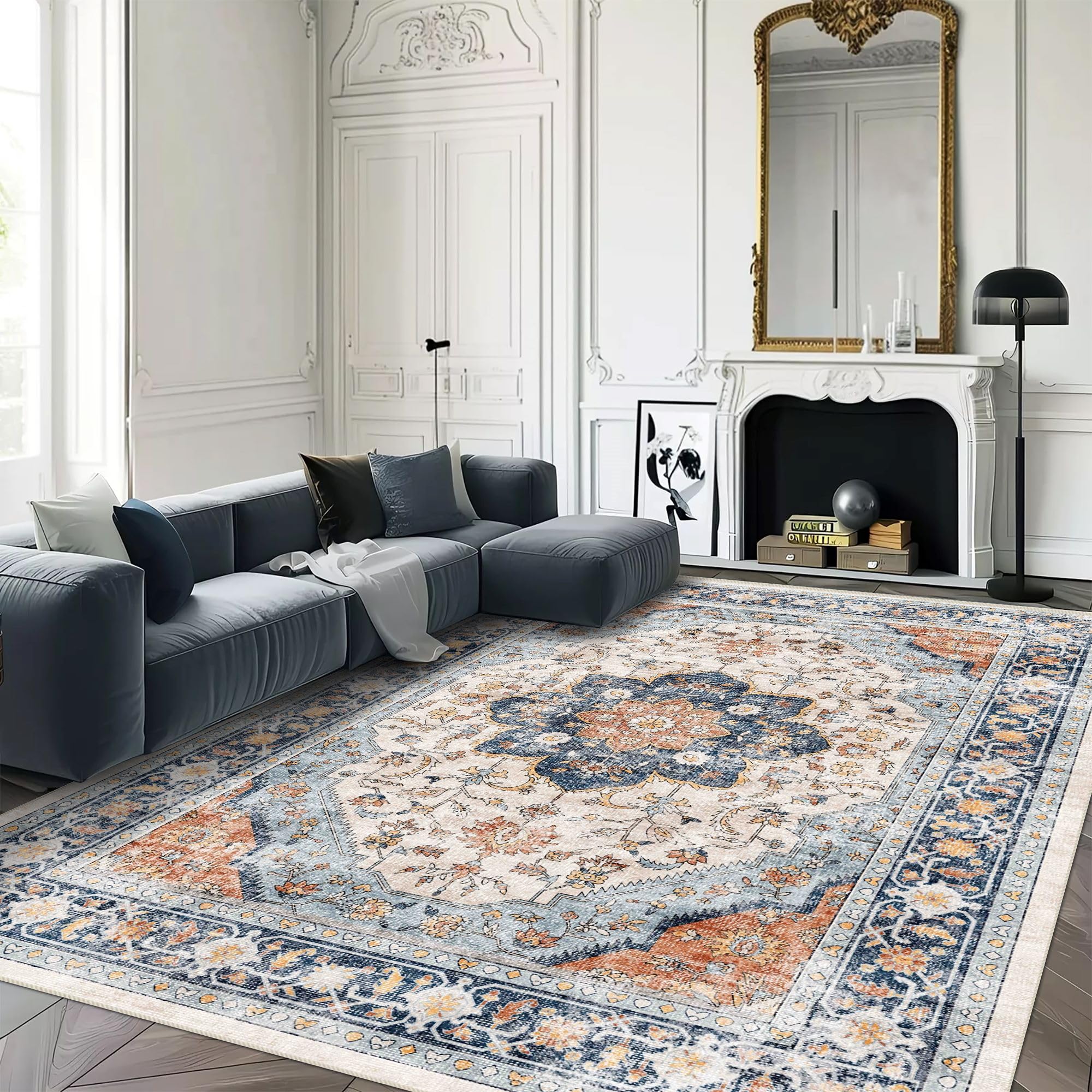 Photo 1 of vivorug 5x7 Area Rugs - Boho Ultra-Thin Washable Rug with Non-Slip Backing, Ideal for Living Room, Bedroom, Kitchen Floor Carpet - Vintage Floral, Easy Clean, Durable, Low Pile Orange/Navy