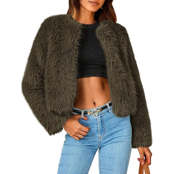 Dikoaina Women's Solid Color Shaggy Faux Fur Coat Jacket at Amazon