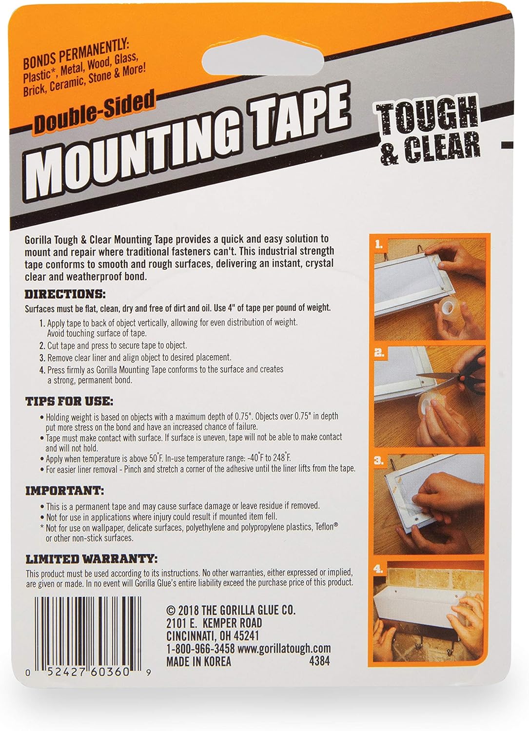 Gorilla Tough & Clear Double Sided XL Mounting Tape, 1" x 150", Clear, (Pack of 1): Home Improvement