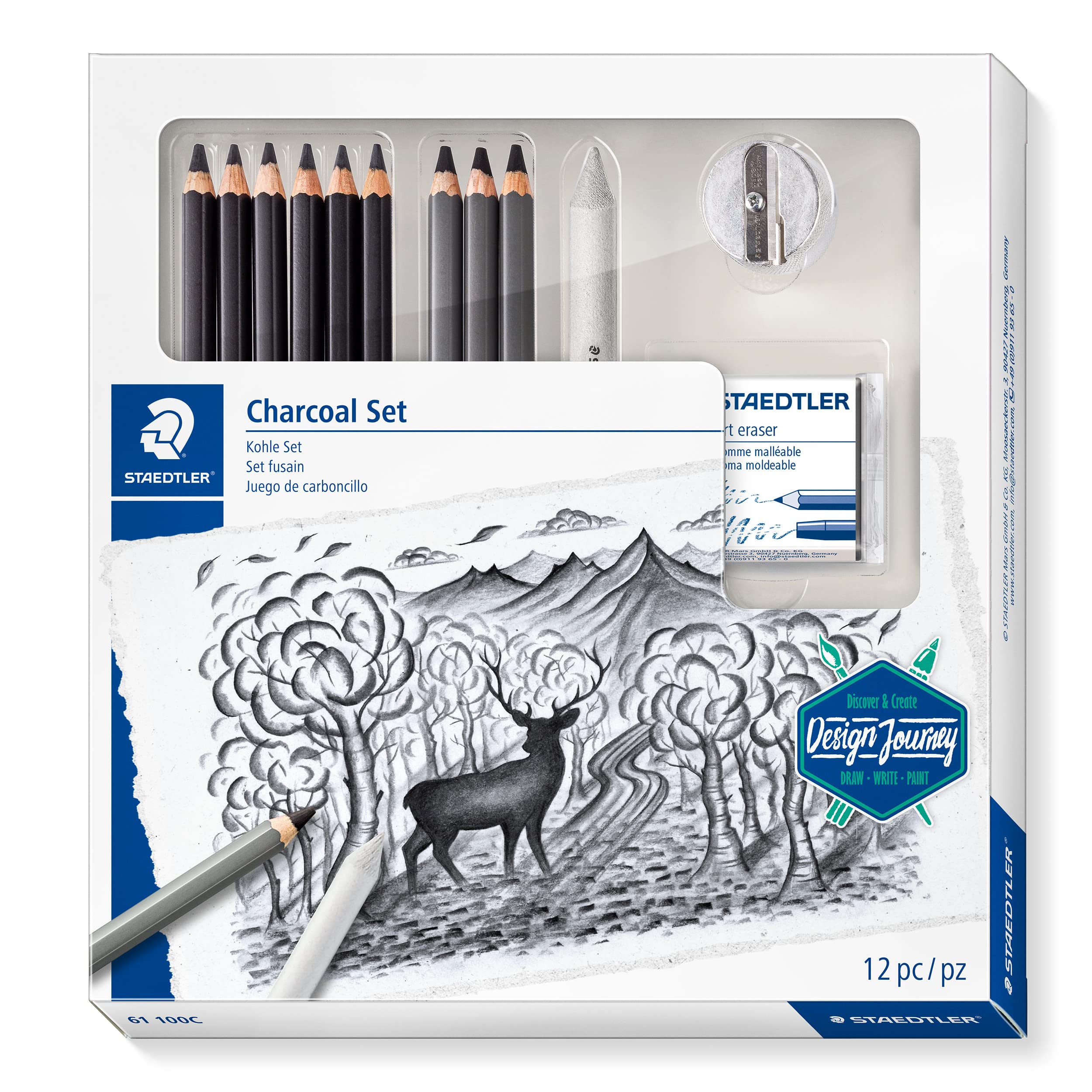 STAEDTLER 61 100C Design Journey Charcoal Set - Mixed Charcoal Pencil Set for Drawing Beginners (Pack of 12 Pieces)