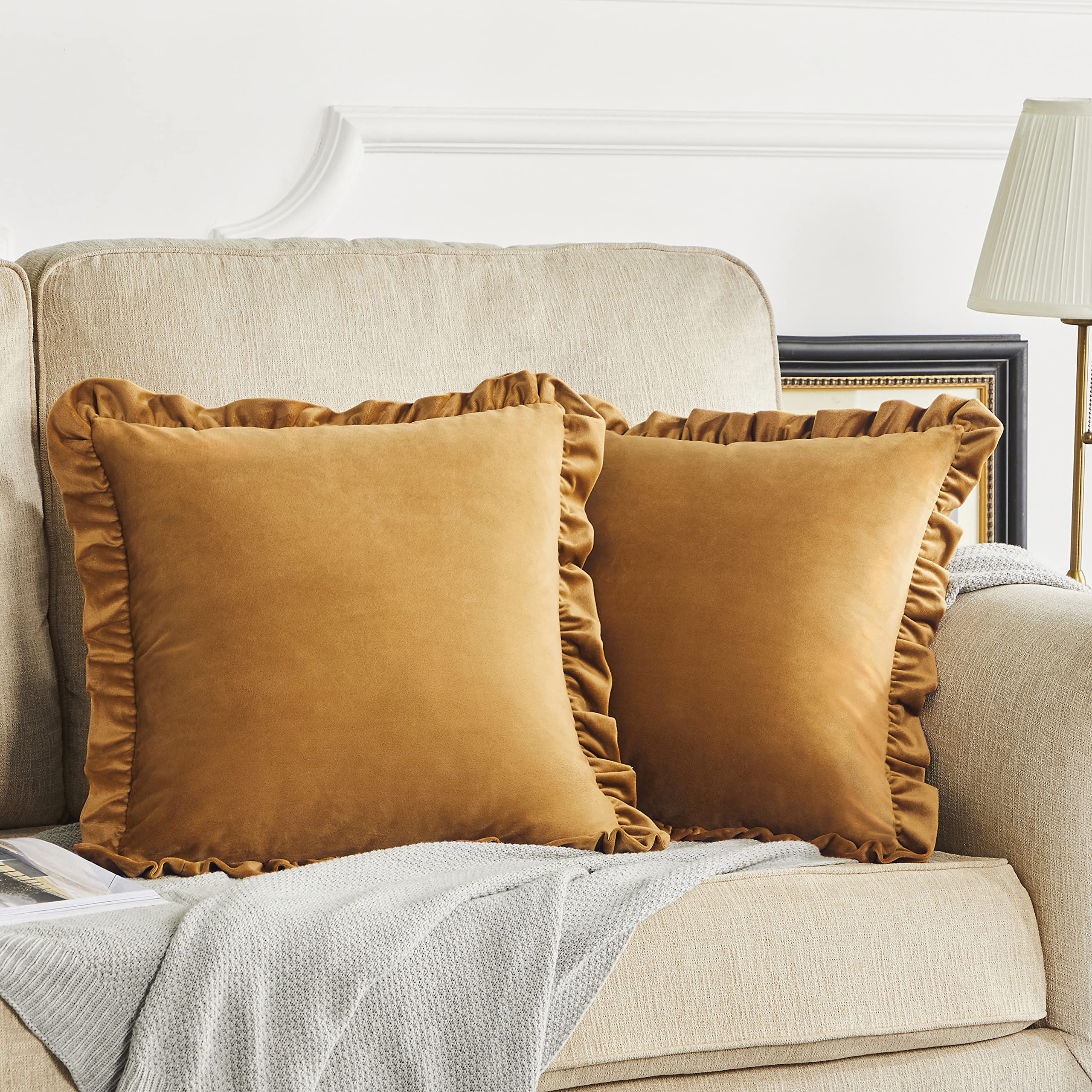 Photo 1 of GIGIZAZA Pack of 2 Dark Gold Throw Pillow Covers 18x18 Decorative Ruffle Velvet Cushion Cover for Couch Pillowcase