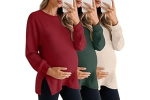 Sweetyweee 3 Pack Women's Maternity Shirts Long Sleeve Waffle Knit Side Split Oversized Tops Pregnancy Clothes Fall Tees