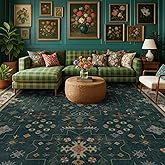 Hazo Haus Dark Green Oushak Living Room Rug 10x14 - Modern Vintage Boho Eclectic Floral Pastel, Washable Low Pile Non-Slip Extra Large Area Rugs for Dining Under Table Bedroom Lounge
