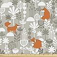 Ambesonne Fox Fabric by The Yard, Small Animals of The European Forests Doodle Style Floral Arrangement, Decorative Fabric for Upholstery and Home Accents, 3 Yards, White Orange