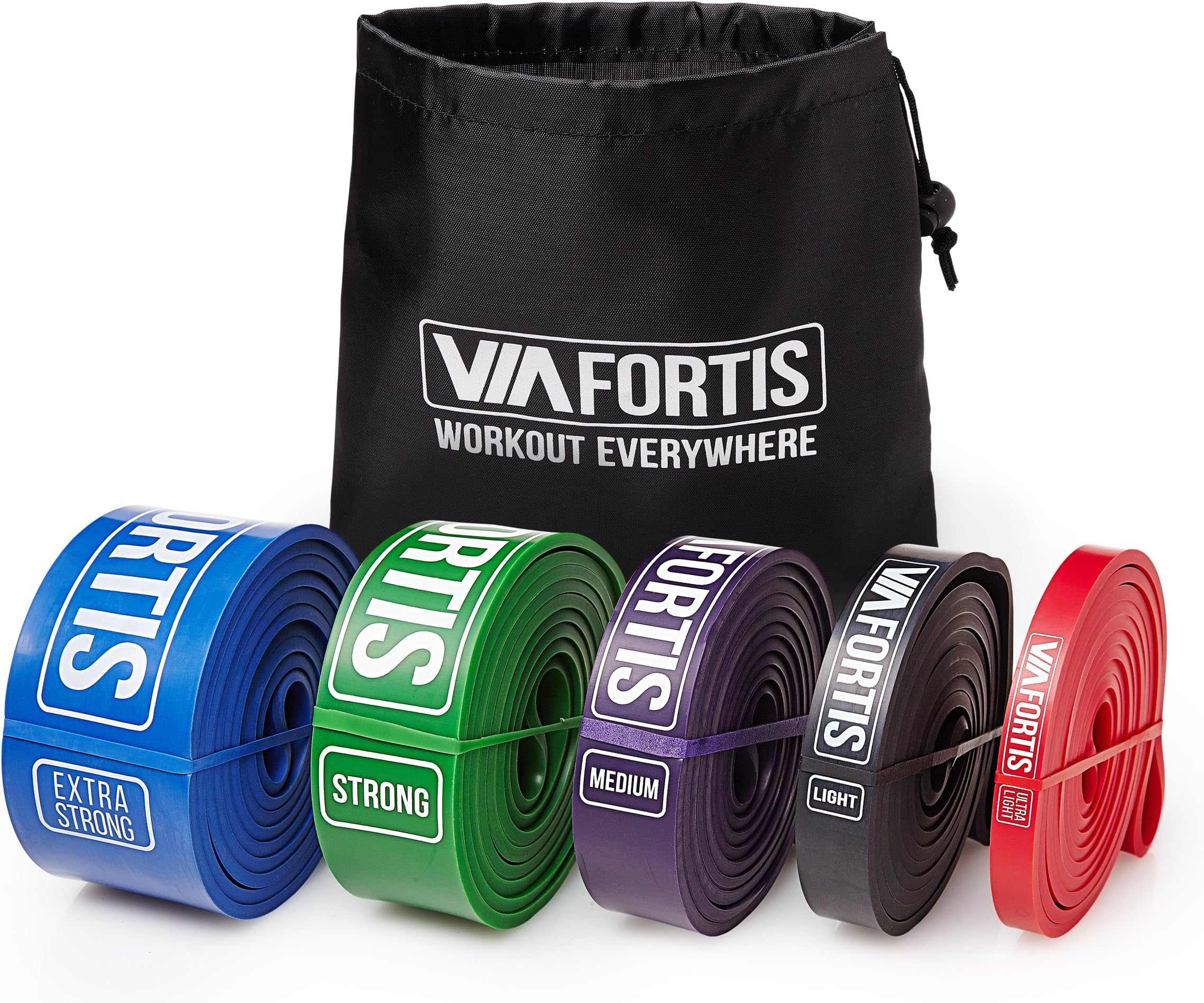 Resistance Band by VIA FORTIS | Fitness Bands for Full Body Workout, Pull Ups, Stretching, and Pilates | 5 Resistance Levels Available - Carry Bag and Exercise Guide Included