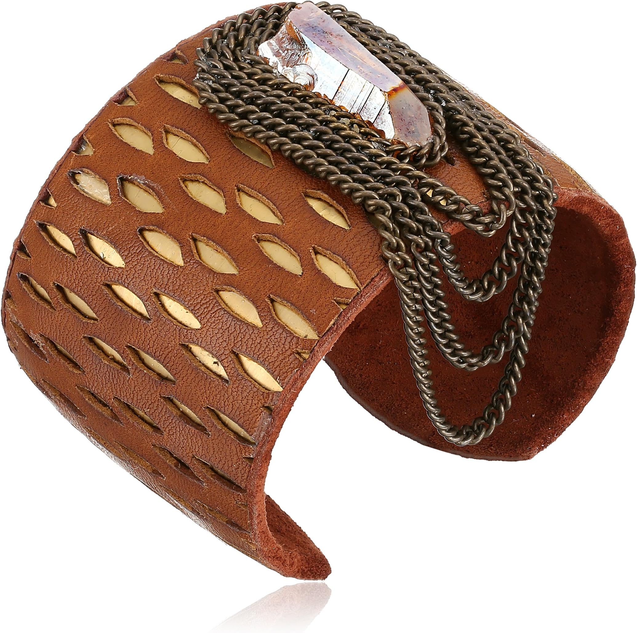 Annie Hammer Jewelry Titanium Coated Crystal Quartz and Chain Leather Cuff Bracelet, 6.25"