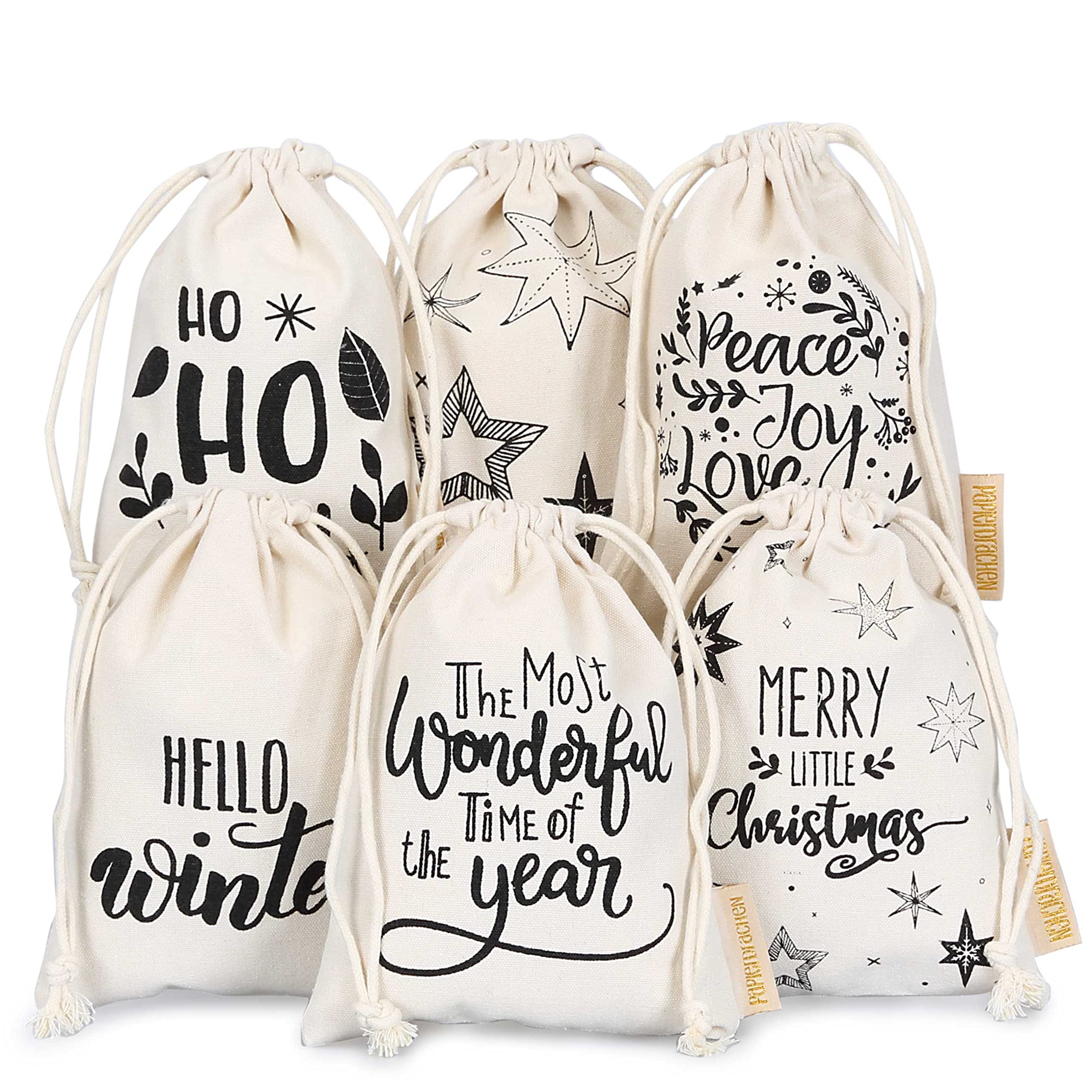 Papierdrachen 6 Pack Christmas Cotton Gift Bags - Beautifully Printed and Perfect for Gift Wrapping - Size 13 x 18 cm with Drawstring