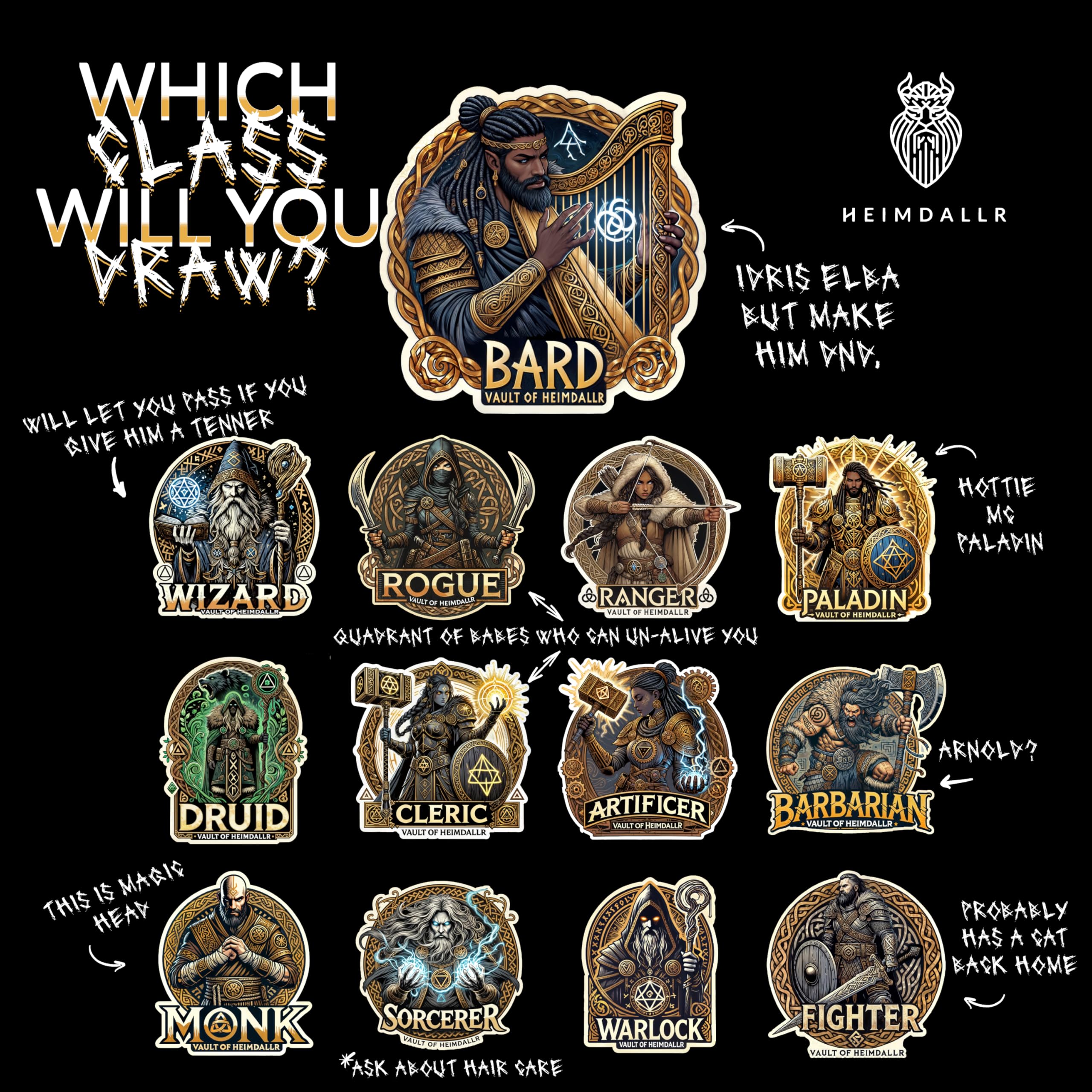 HEIMDALLR Mystery Metal DND Dice Set – 7pc Blind Bag with Random Class & Funny DND Stickers – Metal Role Playing Dice for Dungeons and Dragons – Gift for D&D Players, Great for New Characters