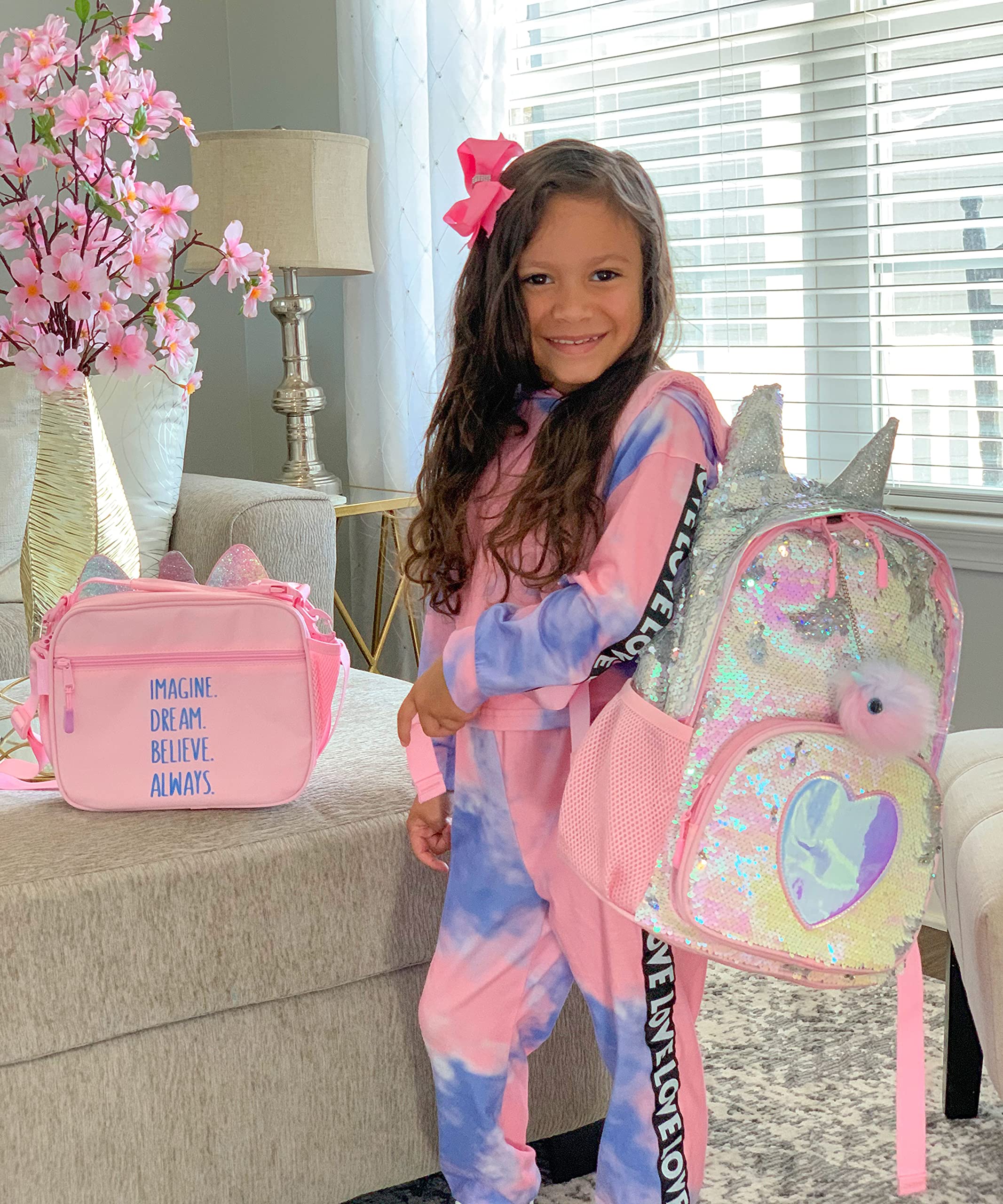 Girls Backpack for Kids, Unicorn Backpack for Girls, Glitter Rainbow Elementary School Backpack（Sequin Pink）