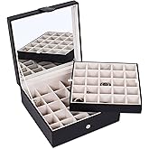 Internet's Best Faux Leather Grid Jewelry Box - 2-Tier Jewelry Organizer with 25 Slot for Rings, Earrings, Bracelets & Necklaces - Modern Style & Elegant Case with Velvet Lining & Mirror - Black