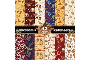 BOLSOME 24 Sheets Western Cowboy Scrapbook Paper Pad Double-Sided Wild West Desert Cactus Rodeo Boots Patterned Decorative Craft Paper for Card Making Photo Album Journal DIY Craft, 11.8'' x 11.8''