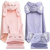 FOINEMYED 2 Pack Hooded Towels for Toddlers - Thick 55" x 27.5" Baby Bath Towel Set for Girls and Boys - Super Absorbent, Age 1-5, Elephant & Rabbit