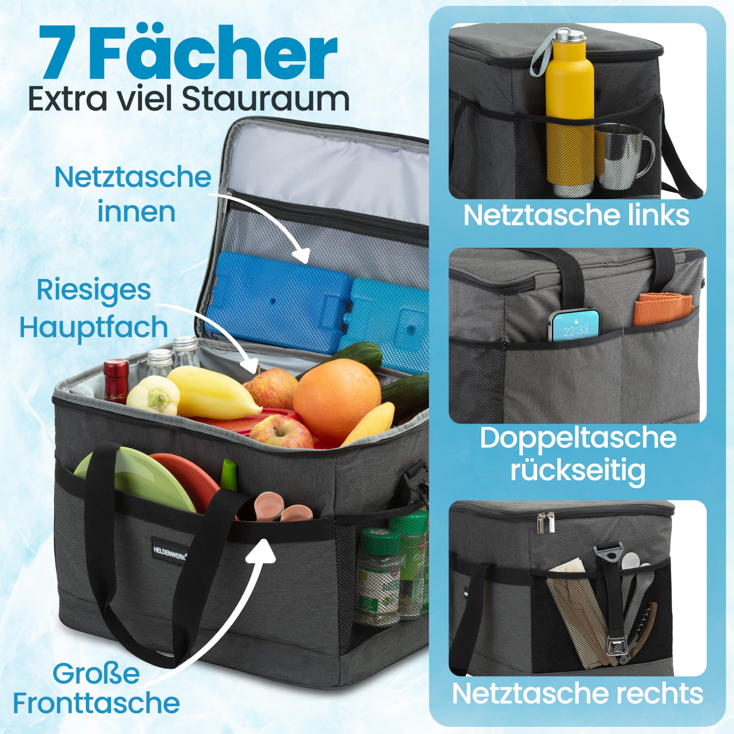 HELDENWERK Kühltasche groß 33L faltbar – Kühlbox bis zu 12h Kühlleistung auslaufsicher & wasserdicht – Thermotasche, Picknicktasche, Lunchtasche, Isoliertasche mit 7 Fächern – verstärkter Boden 5