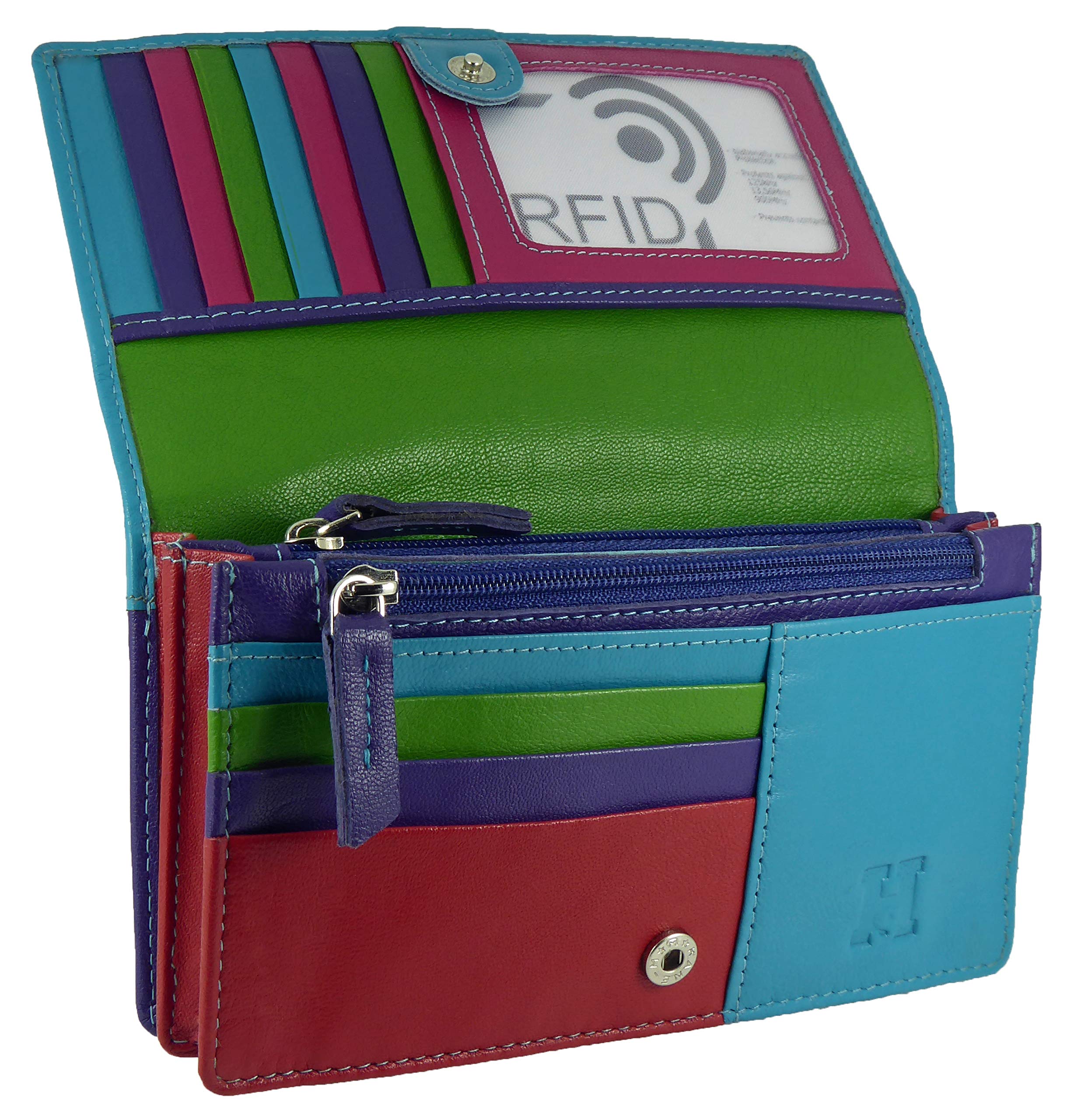 Womens Leather Flapover Matinee Organiser Purse RFID Protection 10 Cards, Notes and Coins (Turquoise/Purple Multi)