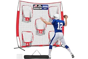 Sturdum 7x7ft/8x8ft Football Throwing Net, Quarterback Training Equipment with 5 Target Pockets, Includes Football, Portable Carry Bag