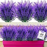 Yunsailing 40 Bundles Artificial Fall Flowers for Outdoors Plastic Lavender Fake Plants Summer UV Resistant Faux Lavender Flowers for Home Garden Wedding Thanksgiving Decor (Purple)
