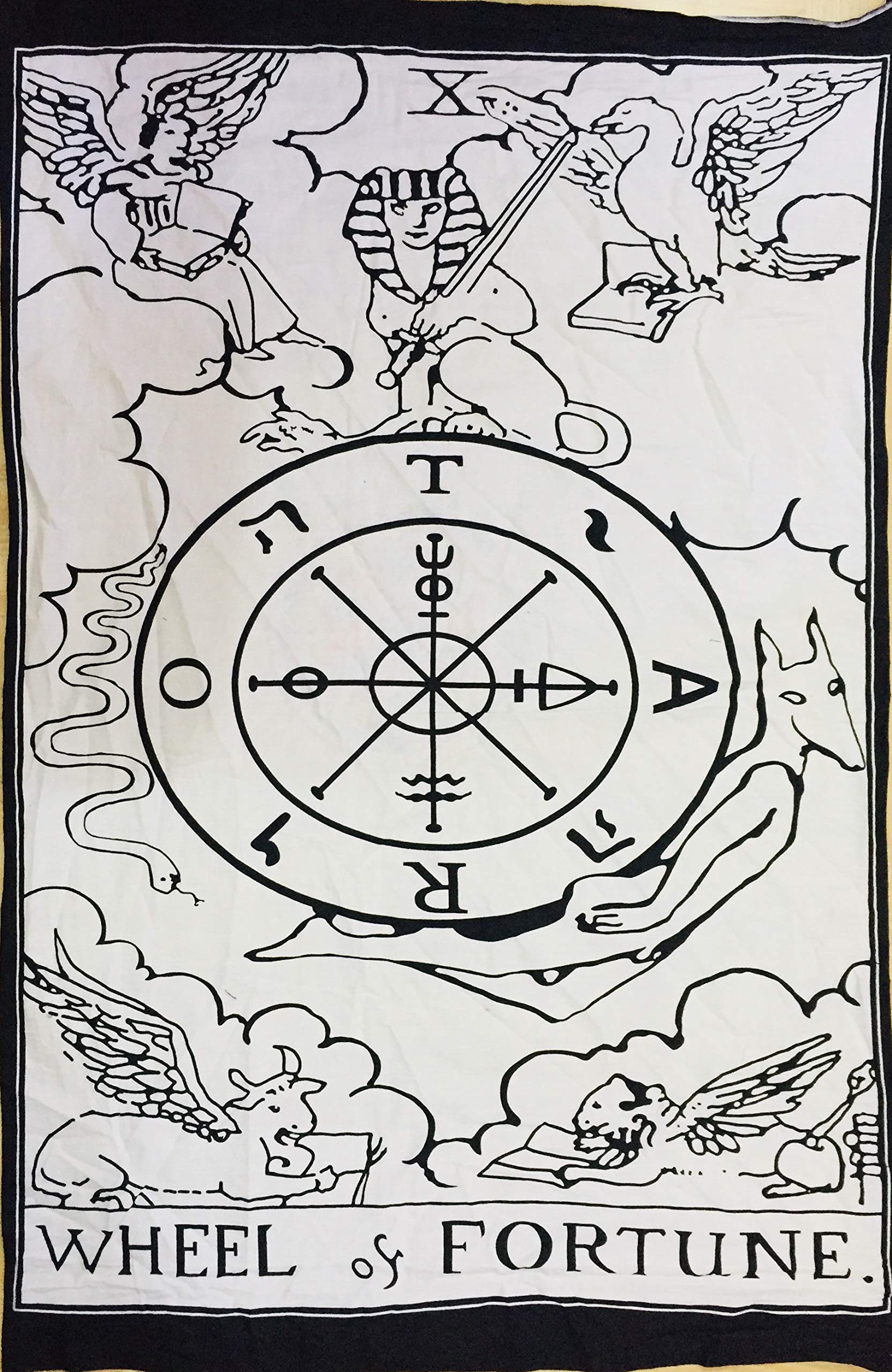 Indian Consigners Tarot Wall Tapestry – Wheel of Fortune Card Design – Black & White Cotton Banner for Esoteric Decor, Boho Wall Hanging, Spiritual Gift, Tarot Altar Cloth